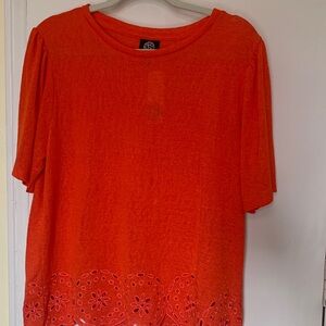 New Bobeau Dark Orange Knit Blouse with Intricate Embroidered Hem